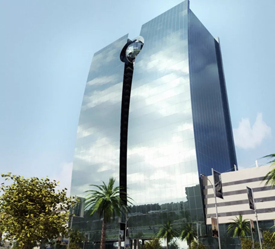 King Road Tower stands out with its mirrored glass façade and signature architectural spine, offering businesses a prestigious and highly visible address in the heart of Jeddah.